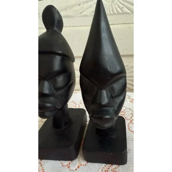Vintage MCM Pair of Carved Ebony wood African Busts - Picture 5 of 9